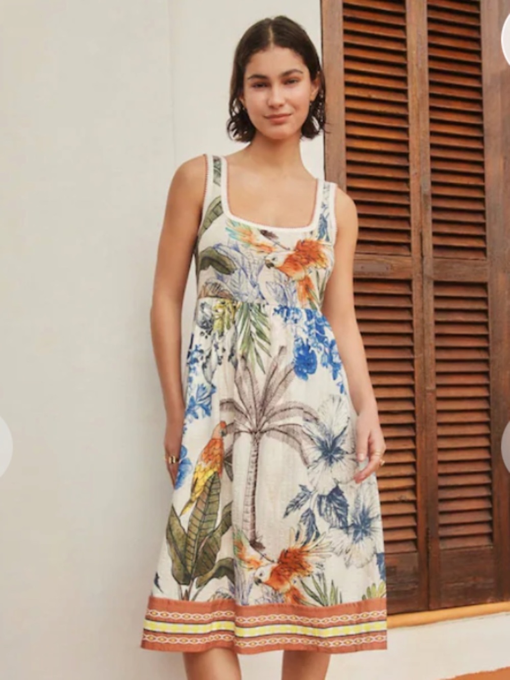 NEXT US Ecru Parrot Print Jersey Midi Summer Dress Size 6 NWT 100% Cotton